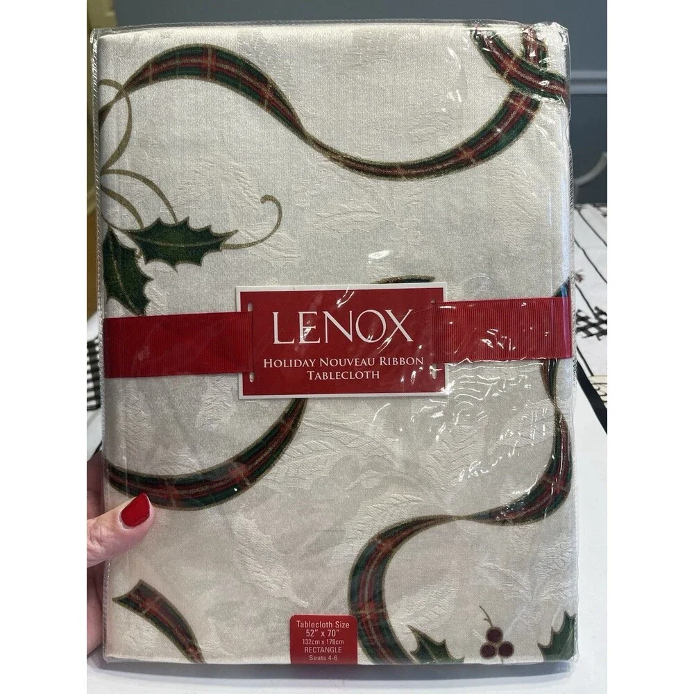 Lenox Holiday Nouveau Plaid Ribbon 52x70” Tablecloth NEW